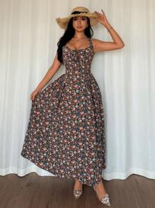 Breezaya Vestido largo con estampado floral, silueta en línea A, cuello en V, cintura ceñida, bajo acampanado, cremallera oculta en la espalda, para primavera/verano