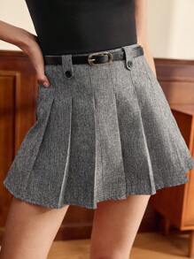Vintamour Pantalones cortos vintage elegantes con pliegues, cintura alta, uso casual o de trabajo con cinturón y decoración de botones