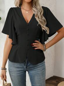 SHEIN Clasi Women's Classic Elegant V-Neck Button Decorated Flare Sleeve A-Line Blouse For Casual, Work, Travel, Spring/Summer