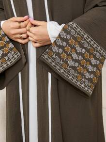 Al Najma Plus Size Elegant Floral Embroidered Flared Sleeve Jacket - Army Green - View 6