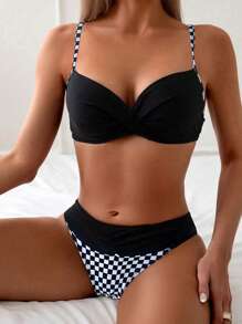 Swim Lushoire Conjuntos de biquíni com estampa floral para mulheres, moda praia, primavera - Preto e Branco - Ver 1