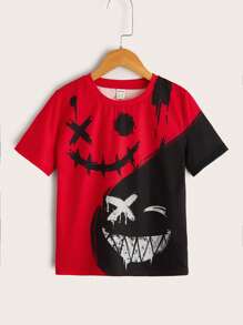 SHEIN Tween Boy Expression Print Two Tone Tee - Multicolor - View 1