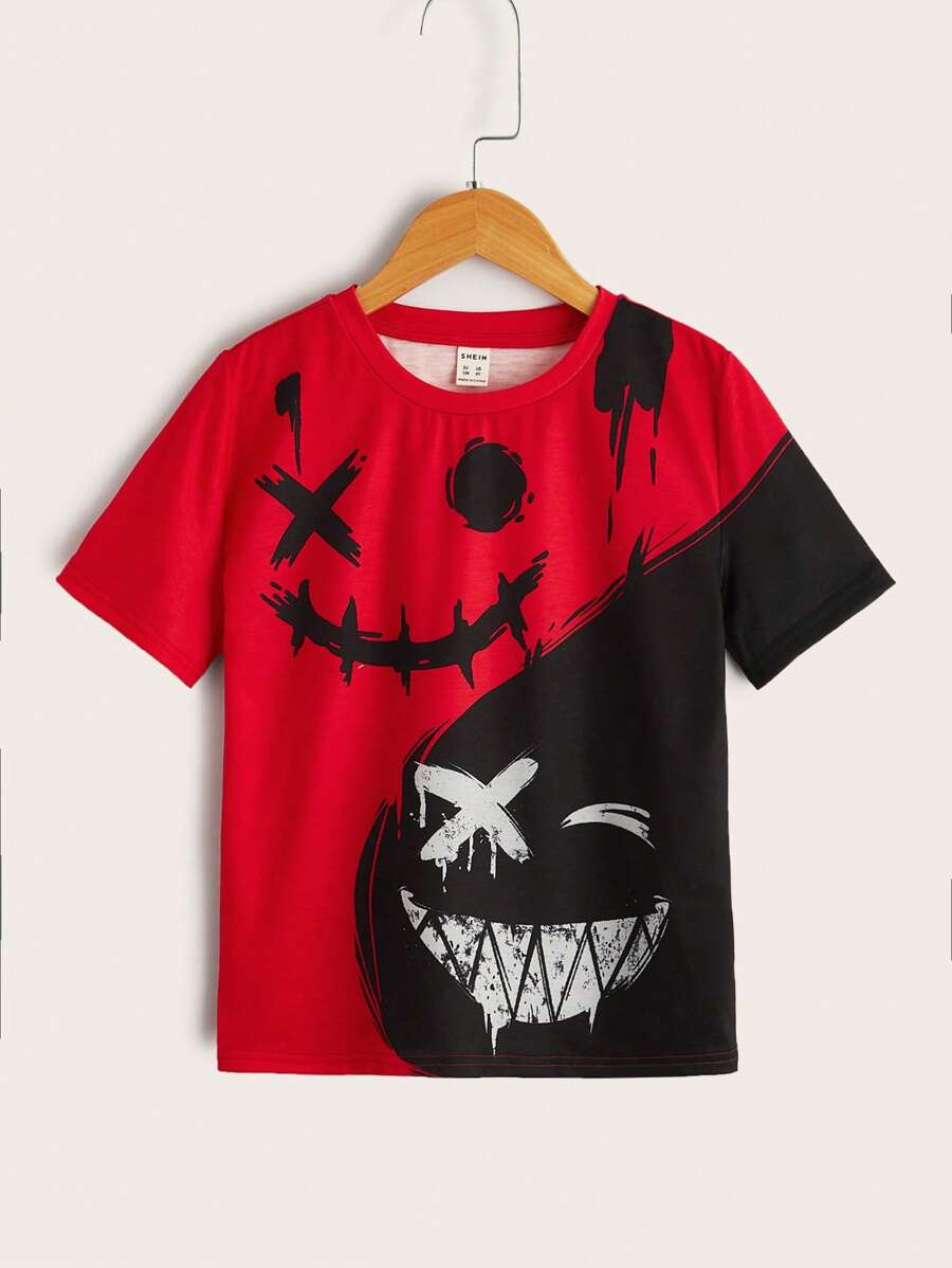 SHEIN Tween Boy Expression Print Two Tone Tee - Multicolor - View 1