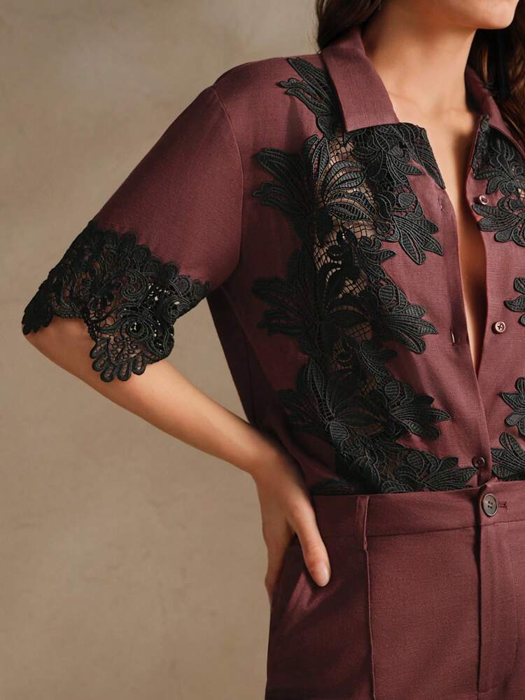 Women's Brown Casual Vacation Embroidered Loose Shirt Blouse, Elegant