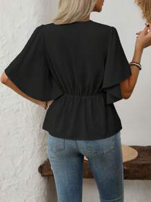 SHEIN Clasi Women's Classic Elegant V-Neck Button Decorated Flare Sleeve A-Line Blouse For Casual, Work, Travel, Spring/Summer