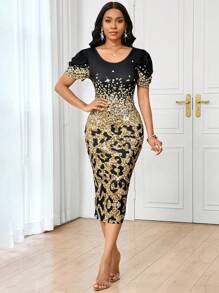 SHEIN Lady Spring Summer Elegant Dresses For Women Valentines Clothes Cheetah Print Birthday Dresses For Women Prom Dress Summer Dresses For Women Vacation Leopard Print Gold Glitter Women's Dresses - Blue - View 2