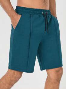 RueChic Men Drawstring Waist Seam Detail Shorts - Dark Green - View 4
