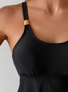 SHEIN Swim 2pcs Solid Color Spaghetti Strap Top With Flared Skirt And Pleated Pants, Stylish Minimalist Swimwear Bikini Set For Summer Beach Vacation - Black - View 4