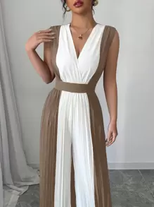 Elenzga 女士 V 领褶皱腰阔腿休闲连身裤，优雅通勤和度假装 - 棕色 - 查看 3