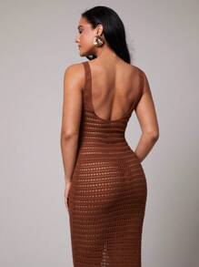 Silquee Women's Chic Coffee Brown Crochet Midi Dress,Autumn Vacation Holiday Hollow Out Wave Lace Open Back Spaghetti Strap Fitted Bikini Cover Up - Ginger - View 6