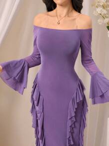 Modelyn Vestido casual extra largo de unicolor con hombros descubiertos, manga larga y parches de malla para mujer - Morado - Ver 2