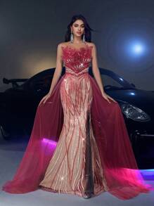 Váy đuôi cá vải sequin ngọc trai sang trọng thanh lịch, lưới bồng bềnh rộng rãi thích hợp cho đám cưới, tiệc tùng, vũ hội, váy dạ hội (trang trí đậm), trang trọng, váy dài, cho khách dự tiệc cưới - Đỏ - Xem 3