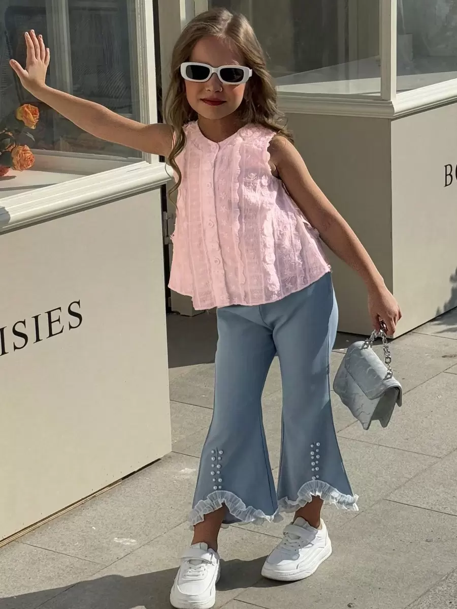 SHEIN Young Girls Casual White Sleeveless Knit Top + Blue Long Pants 2pcs Set, Spring/Summer New Arrival - Pink - View 1