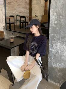 DAZY Women's Round Neck Printed Short Sleeve Casual T-Shirt, Minimalist Daily Wear Summer Oversized T-Shirt
