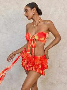 Swim Glamine 女士性感扎染印花基本款抹胸比基尼套装 - 紅色 - 查看 5