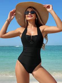 SHEIN 女士纯色网眼拼接优雅简约细肩带荷叶边海滩度假泳衣 - 黑色 - 查看 3