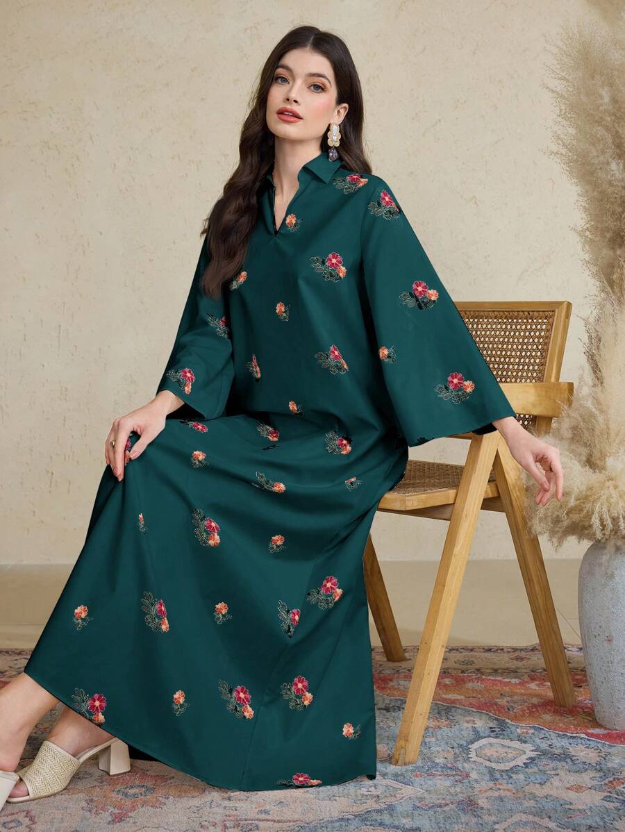 Al Najma 女士土耳其长袍和阿拉伯传统长袍连衣裙、卡夫坦和贾拉比亚，端庄 - 水鴨藍 - 查看 1