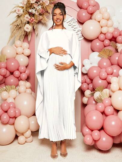 Loomaby 优雅纯色褶皱披肩孕妇连衣裙，适合派对