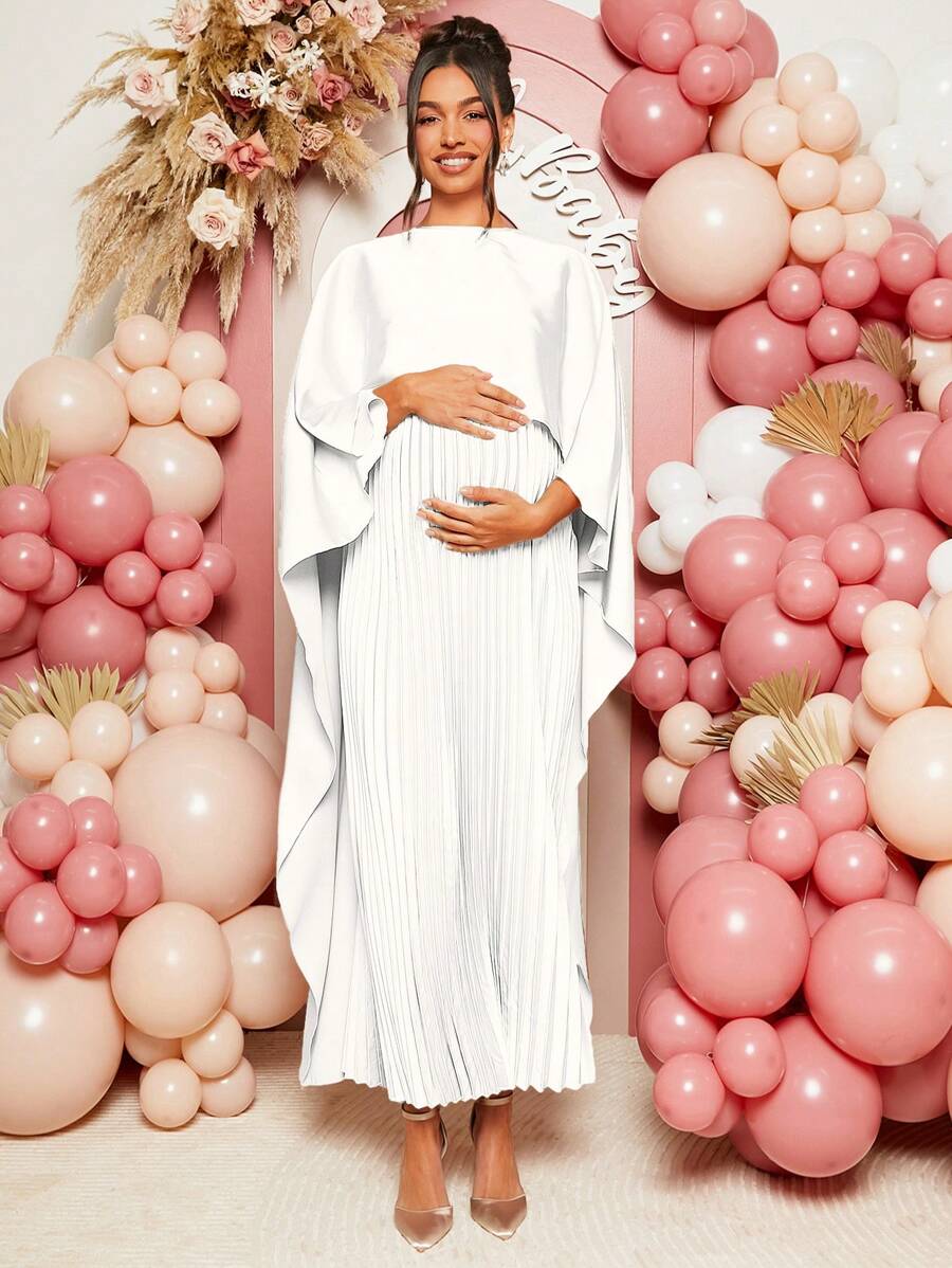 Loomaby Elegant Solid Color Pleated Shawl Maternity Dress For Party - White - View 1