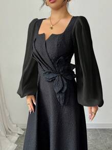 Modelyn Vestido ajustado de línea A con manga larga, efecto patchwork y jacquard para mujer - Negro - Ver 1