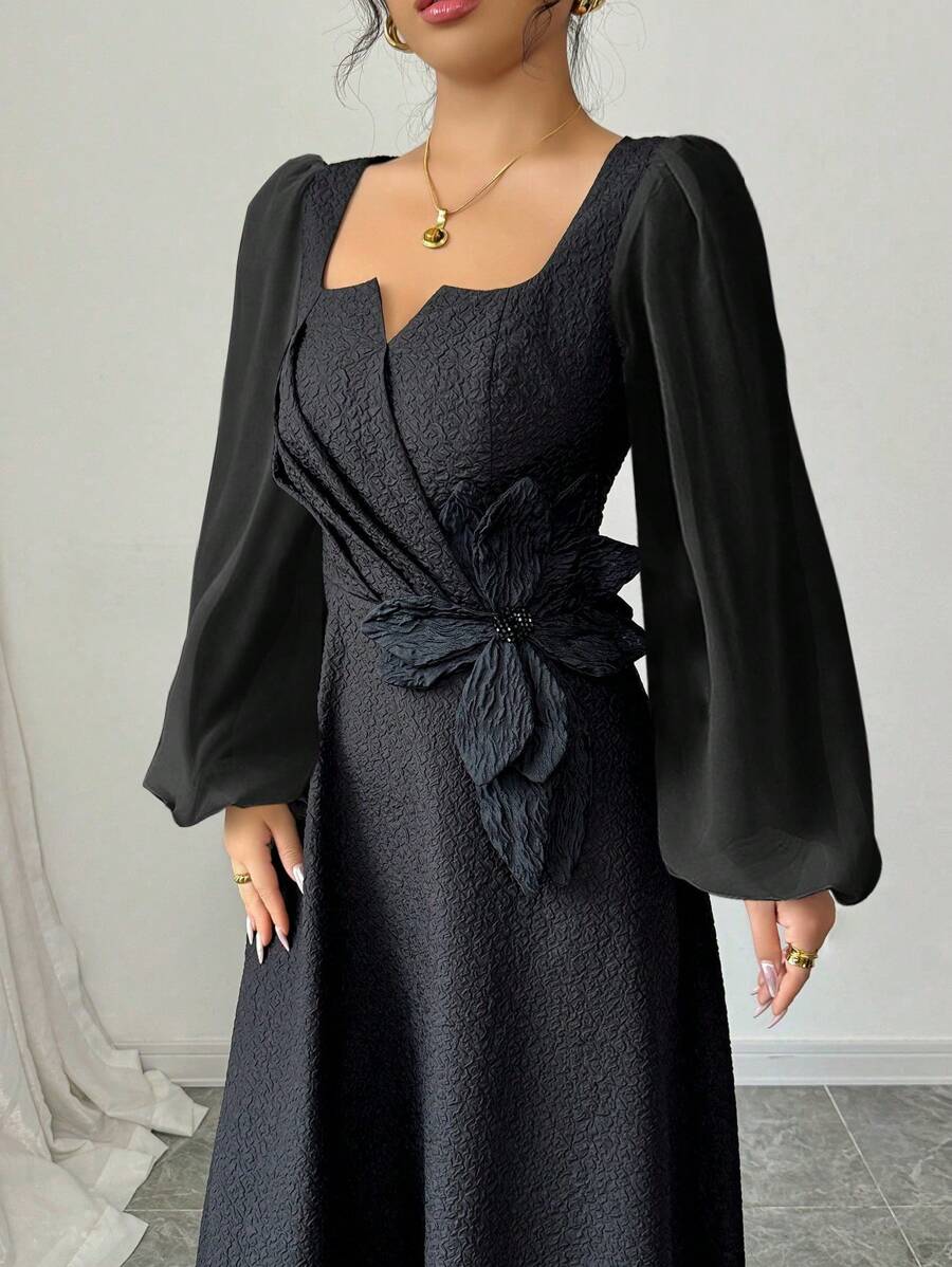 Modelyn Vestido ajustado de línea A con manga larga, efecto patchwork y jacquard para mujer - Negro - Ver 1
