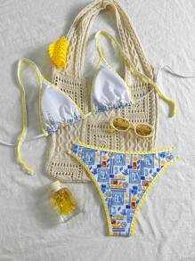 SHEIN Swim Women's Contrast Trim Hollow Out Halter Bikini Set, 2 Pieces Bathing Suit For Summer Beach Vacation - Multicolor - View 2