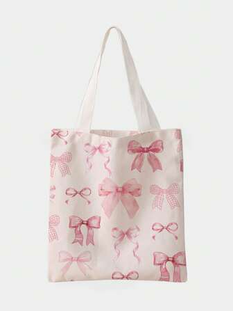 Kawaii Bolsa de lona reversible con estampado de lazos rosas, versátil