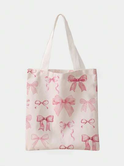 Kawaii Bolsa de lona reversible con estampado de lazos rosas, versátil