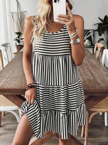 Breezaya Women Casual Striped Sleeveless Mini Dress, Simple & Suitable For Holiday - Black and White - View 4