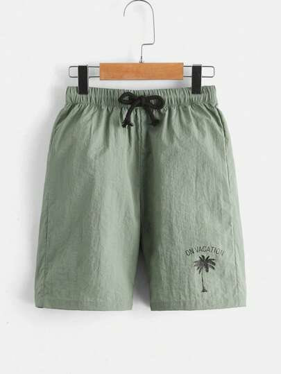 SHEIN Tween Boy Coconut Tree & Letter Print Elastic Waistband Casual Shorts With No Pockets