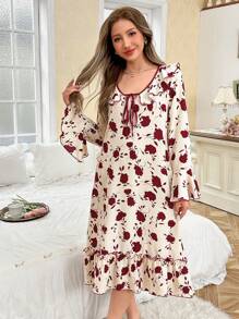 CottageSlumber Floral Print Ruffle Collar Tie Front Women's Nightgown - Multicolor - View 7