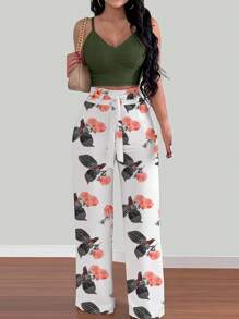 SHEIN LUNE 2 件套大码女式细肩带上衣和松紧腰系带花朵阔腿裤套装 - 綠色 - 查看 3