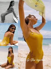 GLOWMODE X Nature Dream Bali Quick-Dry Flower Cutout Chlorine-Resistant Lining Thong One-Piece Swimsuit Summer Swimming Beach Vacation Holiday Wear Removable Cups - Mustard Yellow - View 7