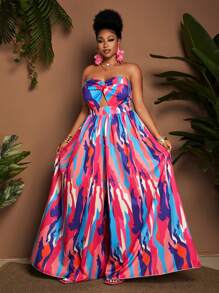 Maweii Plus Size Colorful Print Twisted Ruched High Waist Wide Leg Jumpsuits