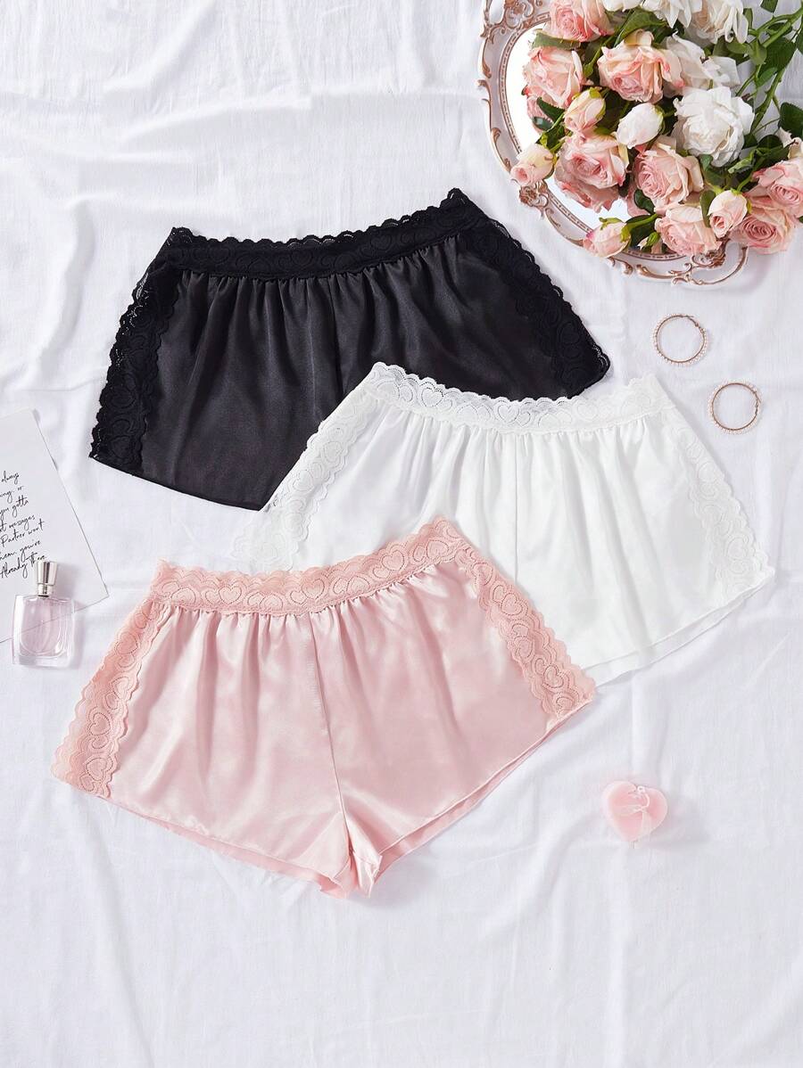 3pcs Set Faux Silk Lace Trim Shorts - Multicolor - View 1
