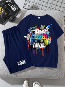 SHEIN 2pcs Tween Boys Casual Minimalist Round Neck Short Sleeve Shorts Set, Summer Outfit
