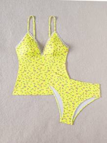 Swim Mod 女士罗纹蕾丝拼接吊带两件套沙滩装，可爱女孩甜美分体泳衣，适合海滩度假夏季泳池派对