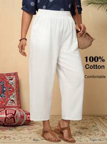 Rusticease Plus Size Solid Color Casual Minimalist Style White Pants Women, St Patrick Day Outfit,Summer Outfits For Women,Vacation Outfits Woman,Casual Everyday Wear