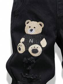 Young Boy Fashionable Casual Versatile Cute Graphic Bear & Letter Embroidered Denim Bib Overalls And Distressed Washed Denim Suspender Pants
