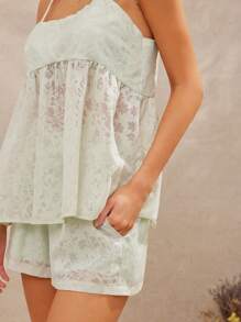 WESTFADE Ensemble assorti de style cowgirl western, Top babydoll à dos coupé, à col carré, avec volants et nœud papillon, en viscose brûlée florale, semi-transparent, et short taille haute décontracté coupe A. Deux pièces pour femme, tenue d'été, de plage, printemps ou vacances