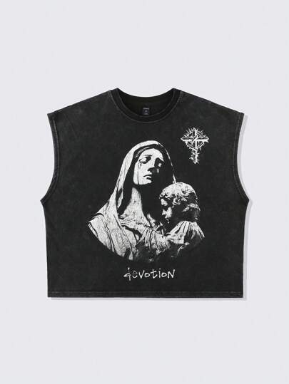 Goth Men's Vintage Washed Virgin Mary Boxy Letter Print Faded Wash Tank Top