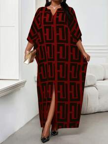 SHEIN Lady CURVE 秋冬优雅休闲工作派对棕色豹纹V领开衩蝴蝶袖女装连衣裙