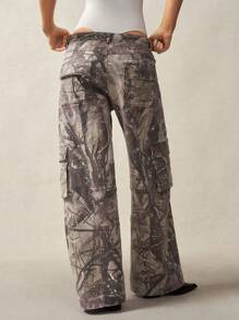 Bohemela Boho Women's Low-Waisted Relaxed Fit Washed Tree Branch Printed Cargo Pants - Grey - View 7