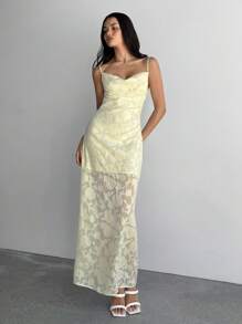 Aloruh Robe longue dos nu à fleurs en dentelle avec col drapé, jaune clair, pour femme. Convient pour les mariages, les vacances et les sorties. Style printemps et été. - Jaune citron - Voir 2