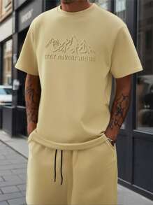 2pcs/Set Teen Boys Summer Streetwear Outfit,Mountain Peak Letter 3D Embossed Print Round Neck Short Sleeve T-Shirt And Drawstring Waist Shorts Set - Khaki - View 9