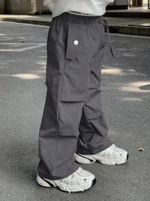 SHEIN 儿童/男孩休闲松紧腰字母印花宽松编织裤，适合学校、花园、海滩、生日、春季、夏季、秋季、冬季 - 深灰色 - 查看 4