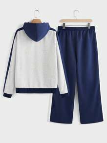 Manfinity VCAY 2 Pieces Set Unisex Loose Drop Shoulder Patchwork Hoodie And Drawstring Waist Straight Leg Pants Sweatsuit, For Fall Winter - Multicolor - View 2