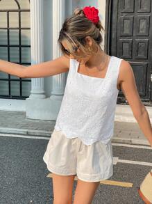 Pariaura Women's Fashionable Embroidery Fringe Square Neck Fitted Tank Top, Lightweight And Comfortable, Spring/Summer - White - View 4