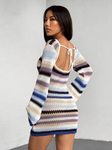 Flirla Morandi Color Blocking Boat Neck Fitted Backless Sexy Bell Sleeve Sweater Dress, Spring/Summer