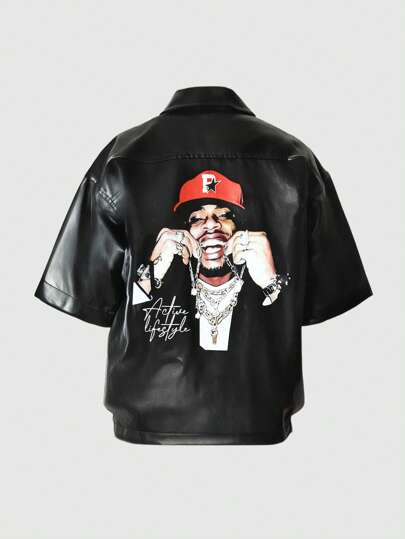 Street Life Men's Hip Hop Figure PU Fashionable Figure & Letter Print Short Sleeve Shirt